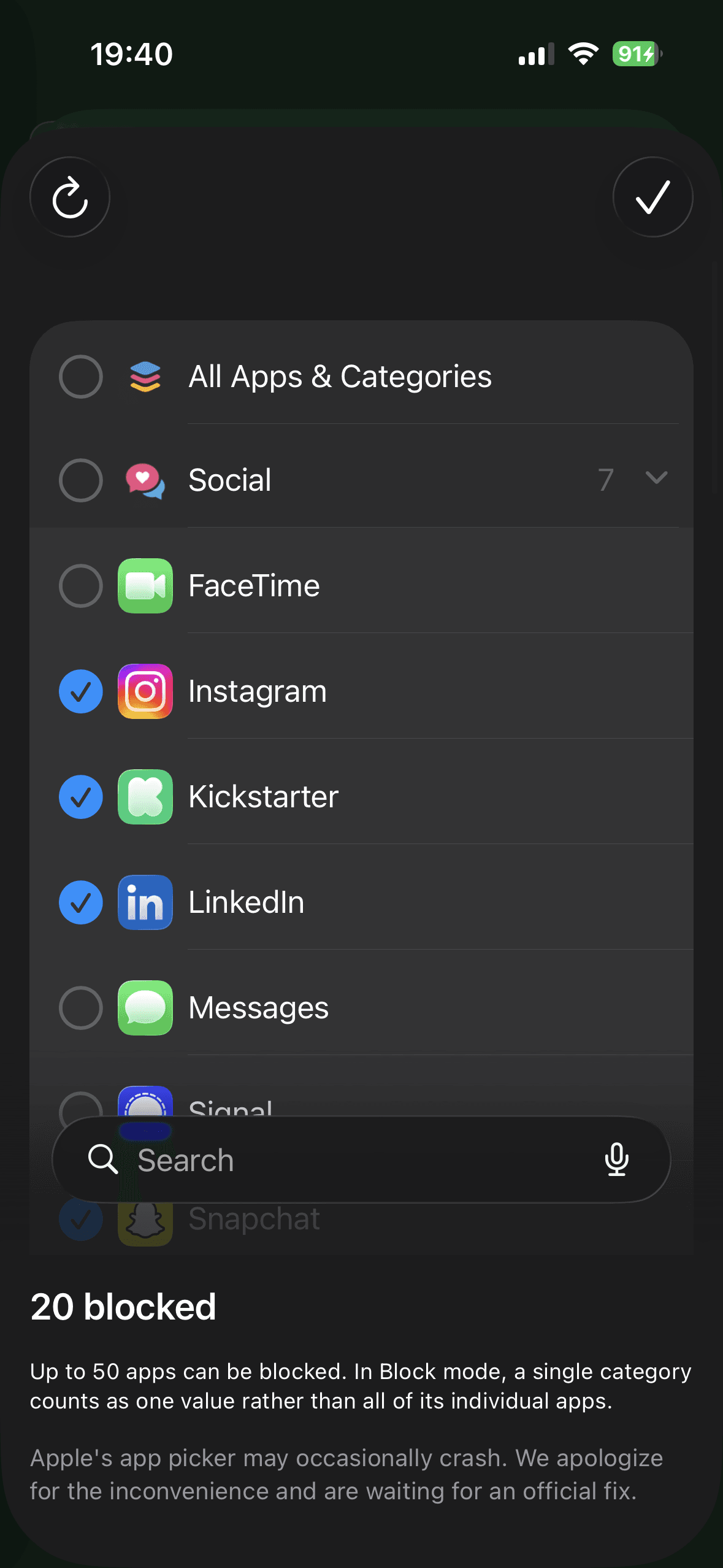 Selecting apps to block