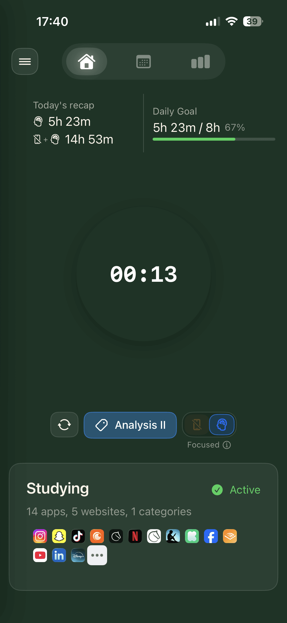 Cura focus session running with stopwatch timer