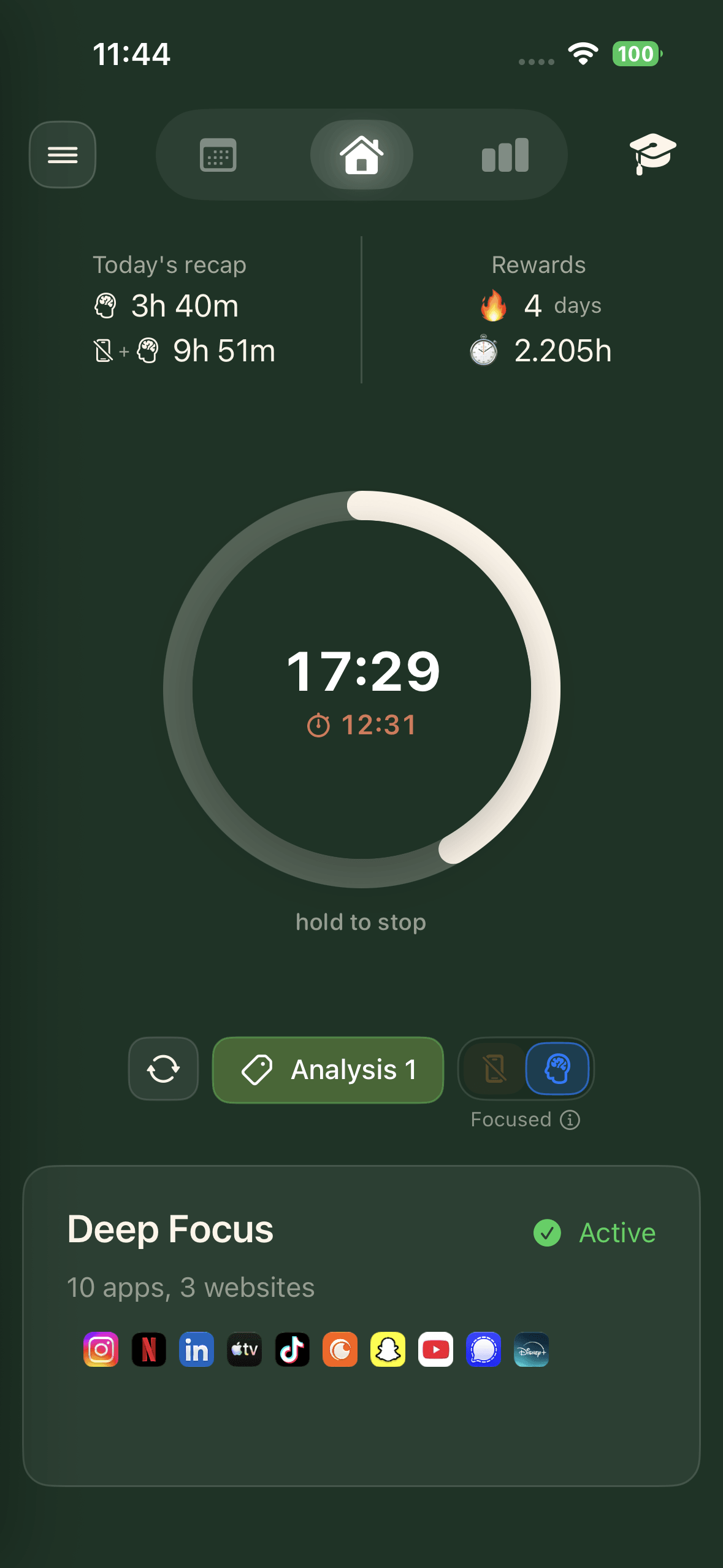 A countdown timer session running in the cura app